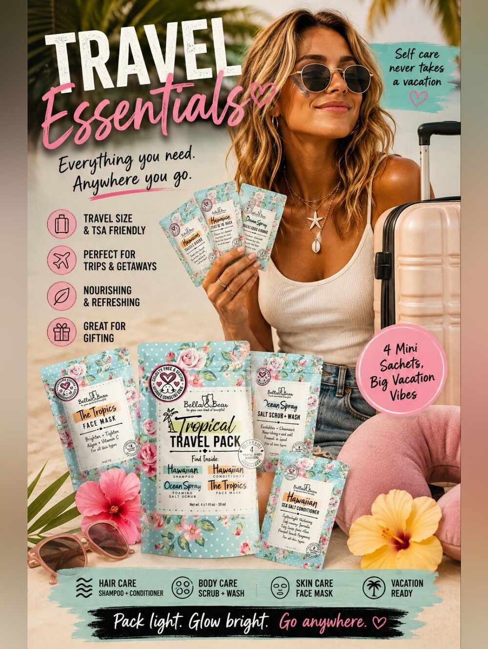 Bella & Bear Tropical Travel Pack | 4-Piece Beauty & Haircare Gift Set | Travel